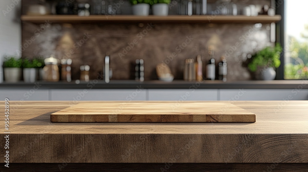 Kitchen counter with empty wooden board and blur modern kitchen interior background. Food and drink product podium stand tabletop. Kitchen counter with empty wooden board and blur modern kitchen interior background. Food and drink product podium stand tabletop.
