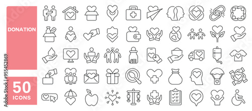 Set of 50 line icons related to donation, volunteer, assistance, sharing, volunteering , partnership, charity, care, help, empathy, food, clothes, Editable stroke. Vector illustration