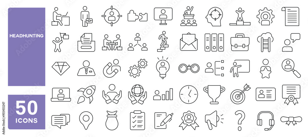 Set of 50 line icons related to headhunting, recruiting, career, employment, recruitment, headhunter, job, hiring, human resources, Editable stroke. Vector illustration Set of 50 line icons related to headhunting, recruiting, career, employment, recruitment, headhunter, job, hiring, human resources, Editable stroke. Vector illustration