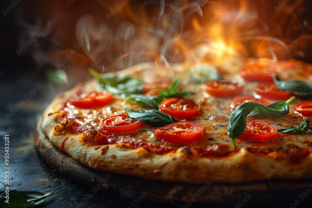 Hot and crispy pepperoni pizza straight from the oven, with steam rising, showcasing melted cheese and a perfectly baked crust. Hot and crispy pepperoni pizza straight from the oven, with steam rising, showcasing melted cheese and a perfectly baked crust.