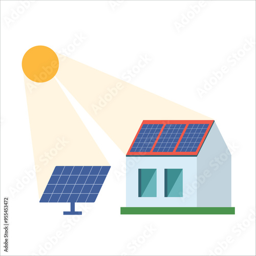 Pv panels on a house. Solar panels. Photovoltaic panels on house roof. Vector illustration.
