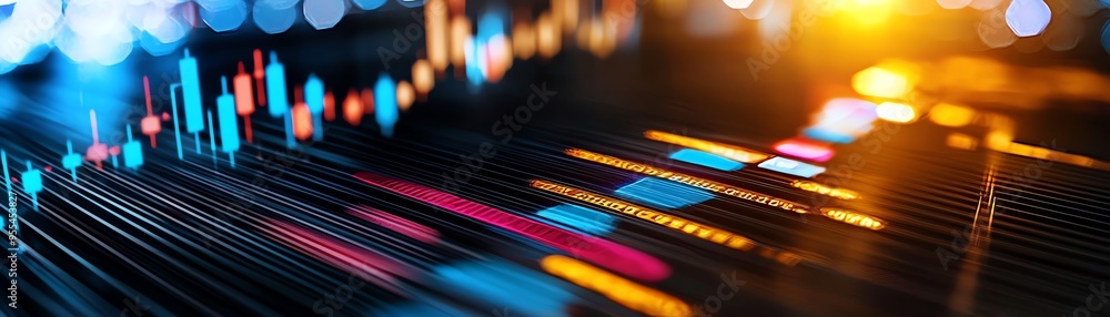 Abstract digital financial graph and data visualization with colorful lights, representing stock market trends and futuristic technology. Abstract digital financial graph and data visualization with colorful lights, representing stock market trends and futuristic technology.