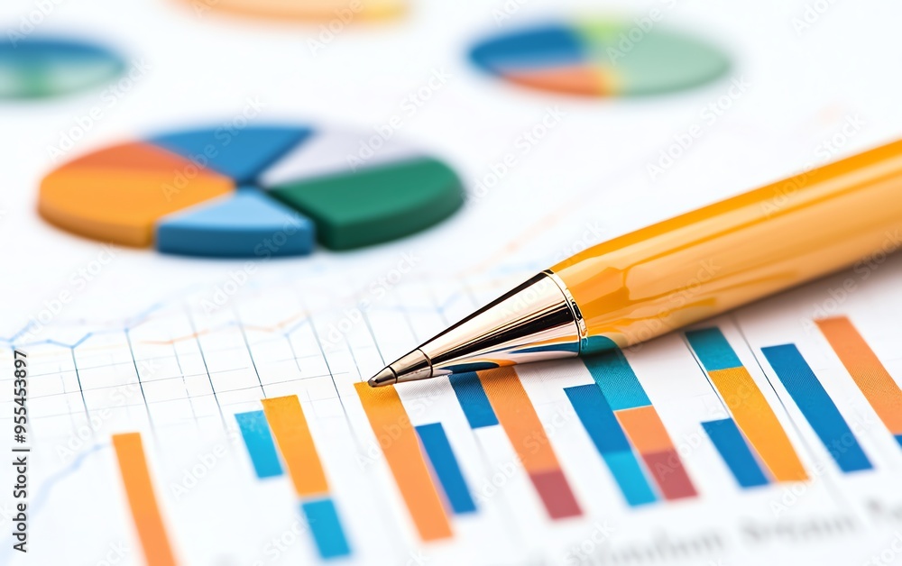 Close-up of a pen and charts with graphs and pie charts, symbolizing data analysis, financial reports, and business planning. Close-up of a pen and charts with graphs and pie charts, symbolizing data analysis, financial reports, and business planning.