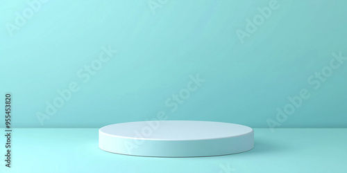 Empty podium or pedestal display on blue background with cylinder stand concept. Blank product shelf standing backdrop. 3D rendering.