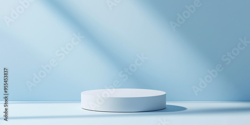 Empty podium or pedestal display on blue background with cylinder stand concept. Blank product shelf standing backdrop. 3D rendering.