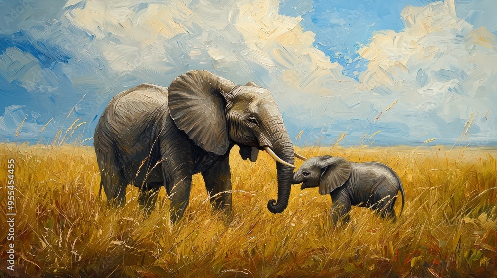 Fototapeta premium Mother Elephant and Calf: Tender moment in African grasslands, symbolizing motherly love.