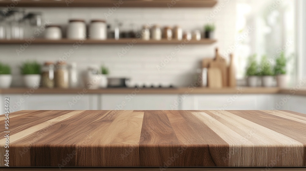 Kitchen counter with empty wooden board and blur modern kitchen interior background. Food and drink product podium stand tabletop. Kitchen counter with empty wooden board and blur modern kitchen interior background. Food and drink product podium stand tabletop.