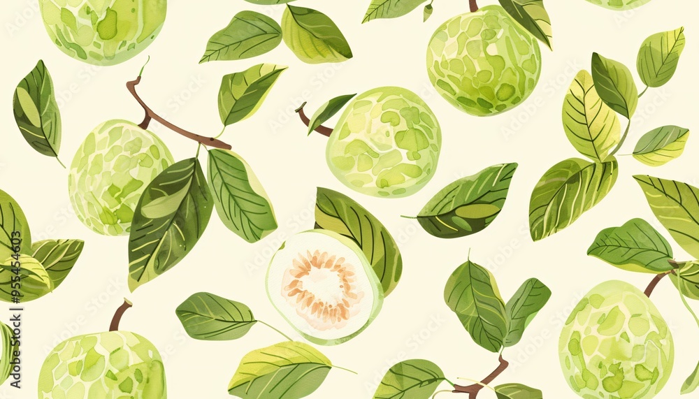 A decorative pattern featuring green fruits and leaves, creating a fresh and natural aesthetic. A decorative pattern featuring green fruits and leaves, creating a fresh and natural aesthetic.
