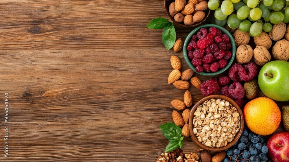 Fiber and prebiotic-rich foods like nuts, seeds, and fruits on a wooden table, rustic style, warm lighting Fiber and prebiotic-rich foods like nuts, seeds, and fruits on a wooden table, rustic style, warm lighting