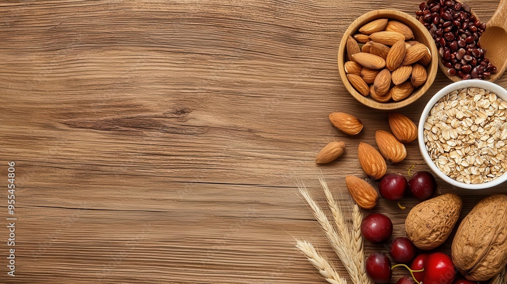 Fiber and prebiotic-rich foods like nuts, seeds, and fruits on a wooden table, rustic style, warm lighting Fiber and prebiotic-rich foods like nuts, seeds, and fruits on a wooden table, rustic style, warm lighting