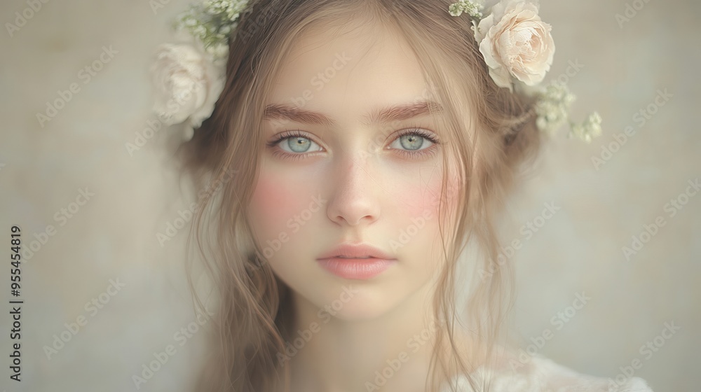 A woman with a flowery headband and a pinkish blush on her cheeks A woman with a flowery headband and a pinkish blush on her cheeks