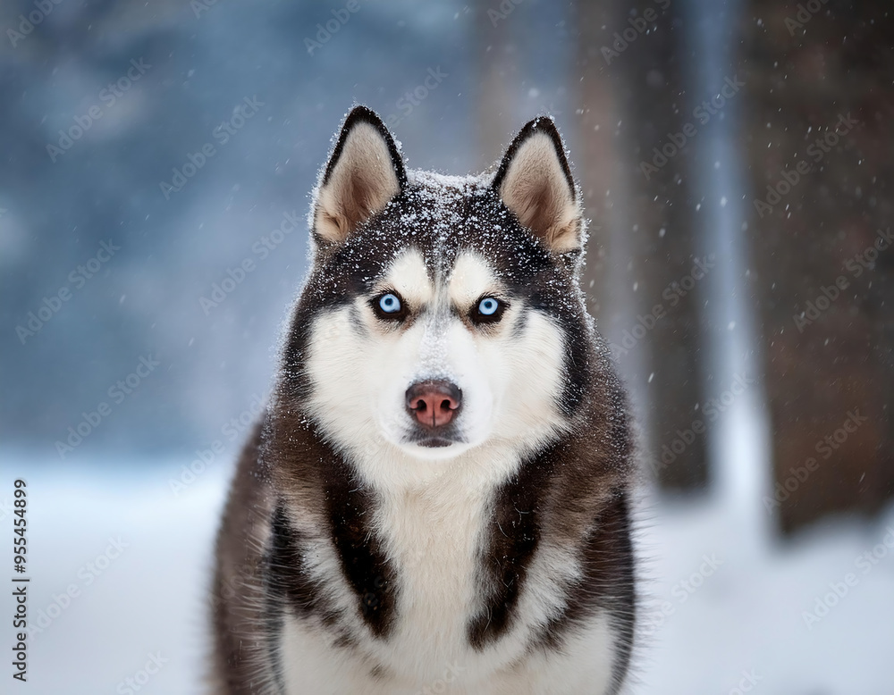 siberian husky dog portrait in winter snow, close up siberian husky dog portrait in winter snow, close up