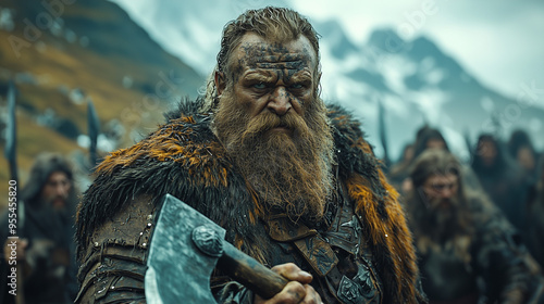 battle-hardened dwarf warrior with a fierce expression holding an axe in a snowy mountain landscape surrounded by comrades photo