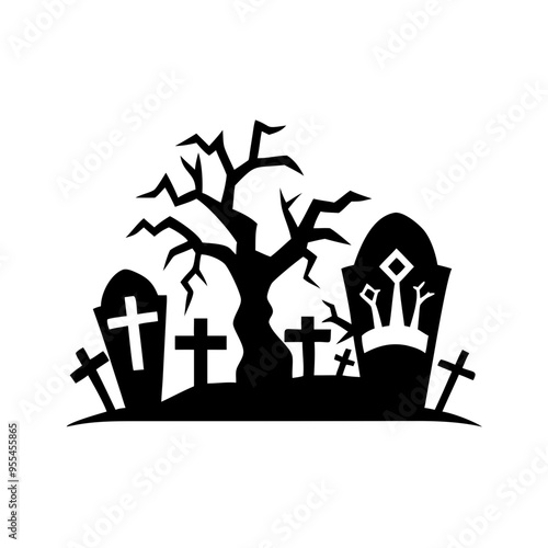 Graveyard Silhouette Icon with Tombstones and Bare Tree, Spooky Halloween Scene