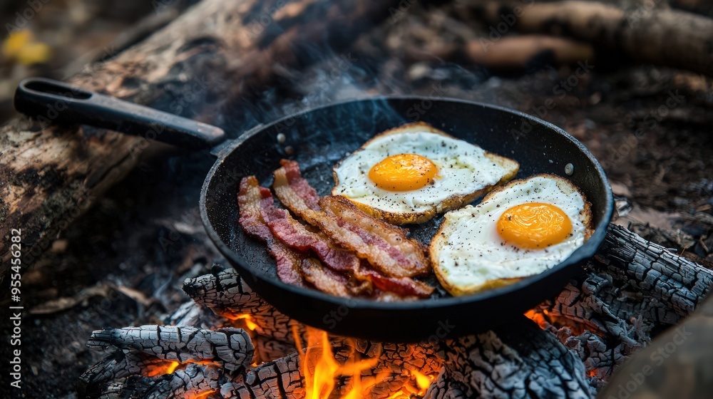 Outdoor breakfast cooked over a campfire, featuring eggs, bacon, and toast. Outdoor breakfast cooked over a campfire, featuring eggs, bacon, and toast.