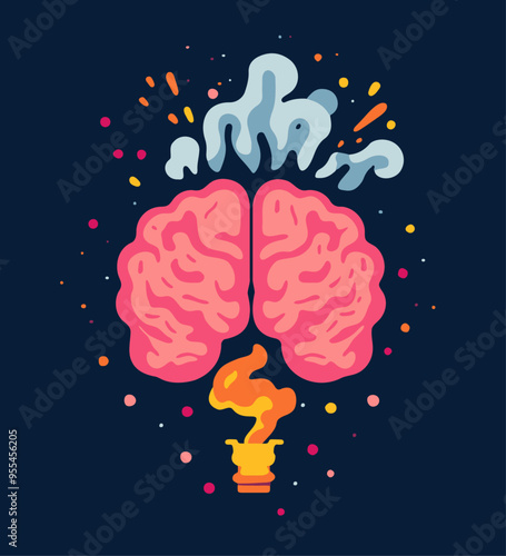 Brain inflammation. Mental health problems. Stressed brain in fire. Medical vector illustration