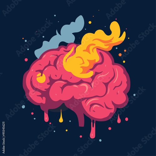 Brain inflammation. Mental health problems. Stressed brain in fire. Medical vector illustration