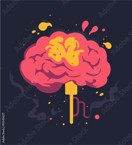 Brain inflammation. Mental health problems. Stressed brain in fire. Medical vector illustration