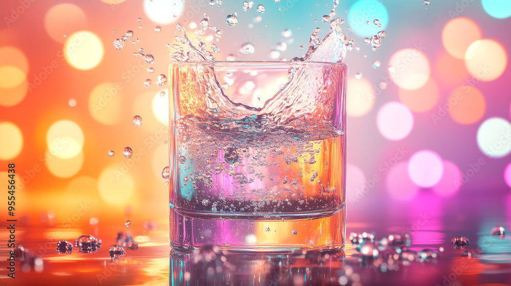 Water splashing in a glass against a colorful blurred background during a festive evening. Generative AI. Water splashing in a glass against a colorful blurred background during a festive evening. Generative AI.
