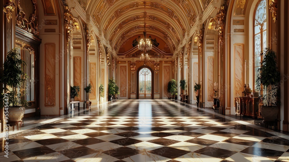 Palace Interior Elegance: Grand hall with checkered marble floor and ornate details. Palace Interior Elegance: Grand hall with checkered marble floor and ornate details.