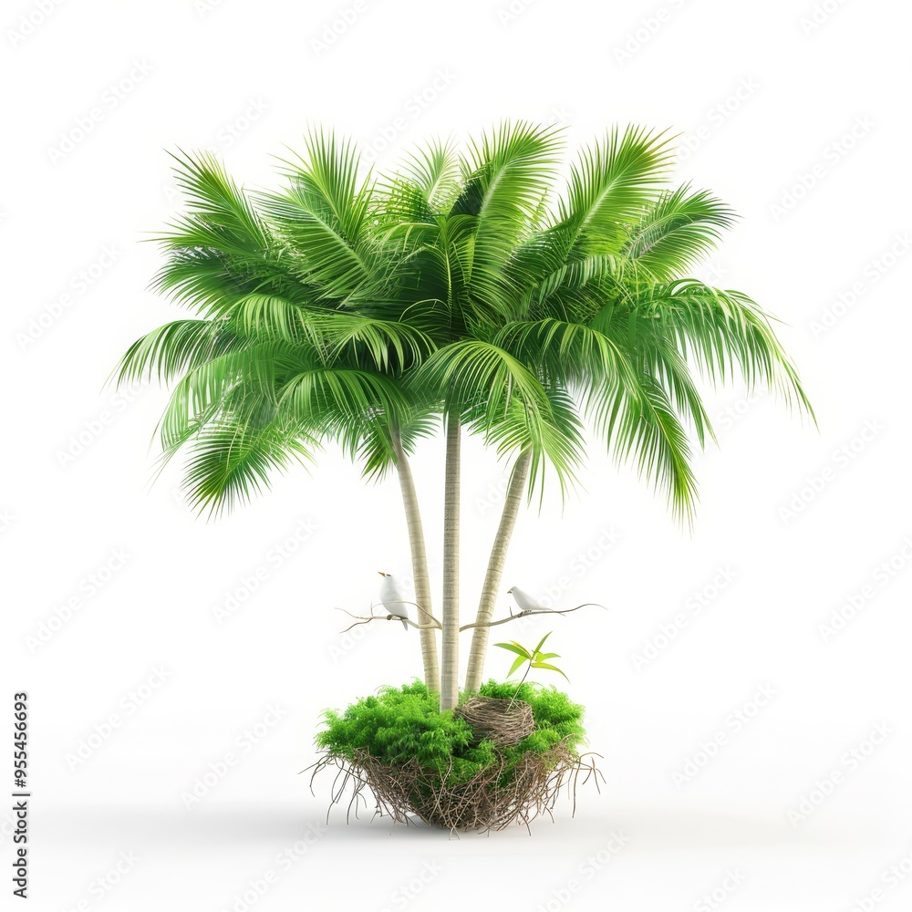 a 3D coconut tree with a bird nest, natural interaction, green fronds and nest, isolated on white background a 3D coconut tree with a bird nest, natural interaction, green fronds and nest, isolated on white background