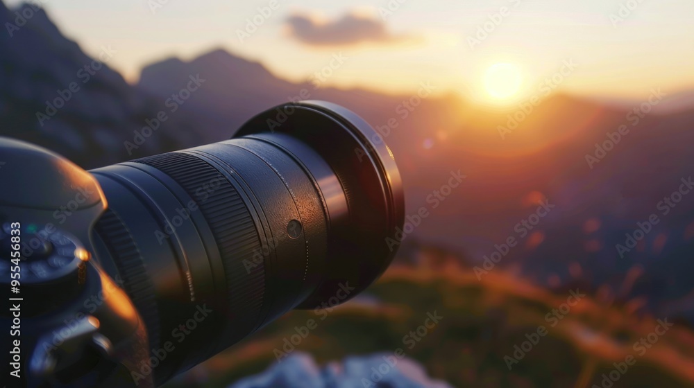Camera Lens Capturing the Sunset Over Mountains Camera Lens Capturing the Sunset Over Mountains