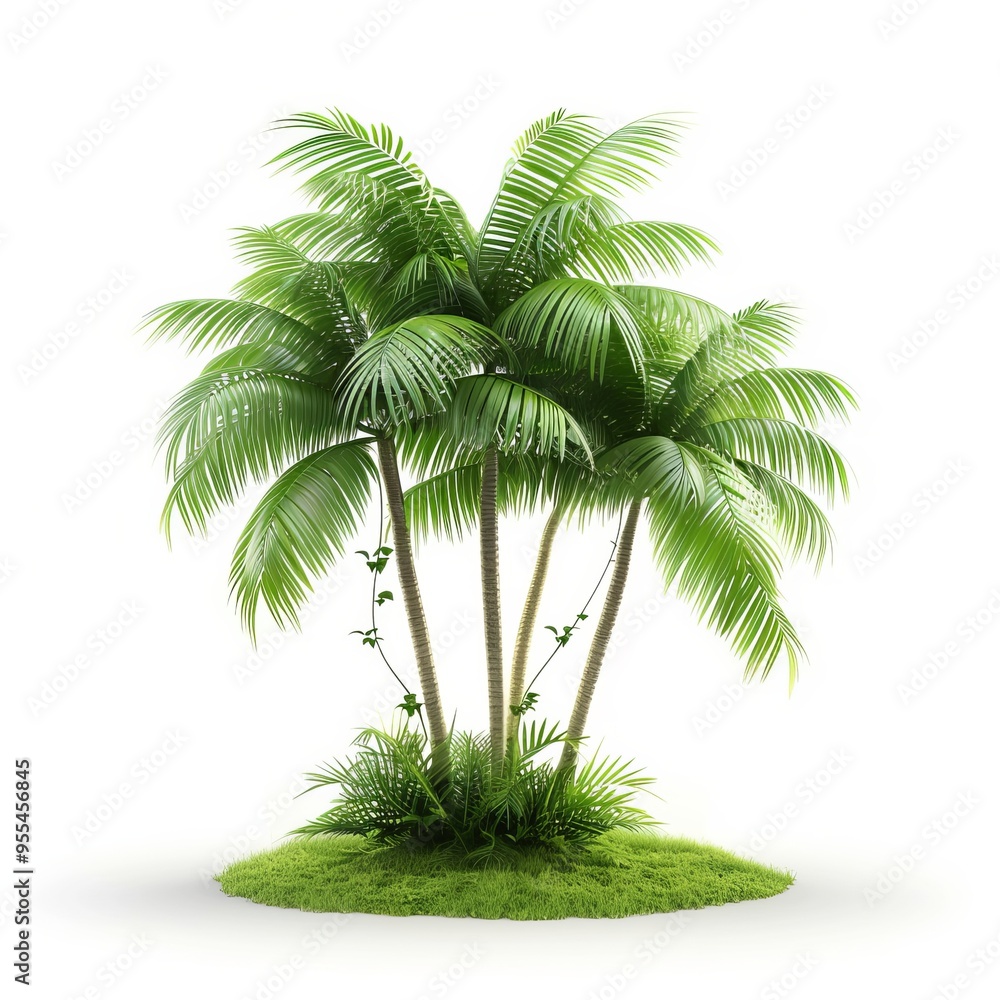 Fototapeta premium a 3D coconut tree with a climbing vine, mixed vegetation, green fronds and vine, isolated on white background