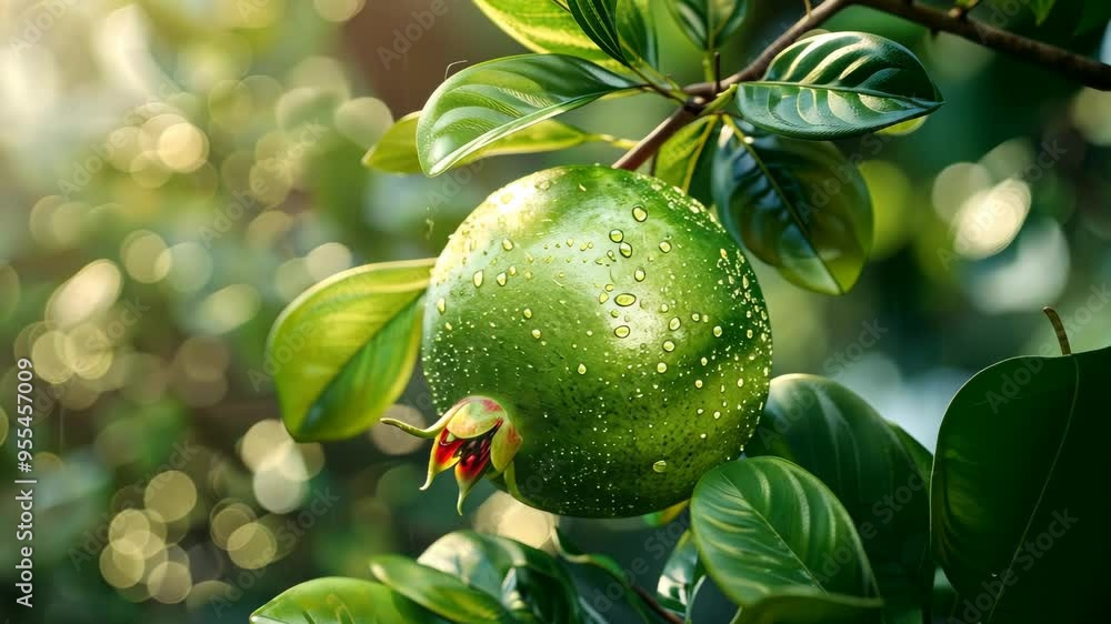 Discover the beauty of a fresh green fruit hanging from a tree in a serene early morning garden Discover the beauty of a fresh green fruit hanging from a tree in a serene early morning garden