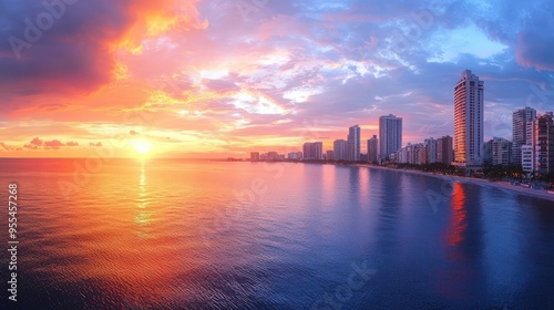 Panoramic Coastal Cityscape: Vibrant view at sunset, showcasing urban and natural beauty.