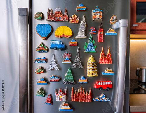 Colorful magnets  in different shapes with various touristic places  on a modern grey refrigerator photo