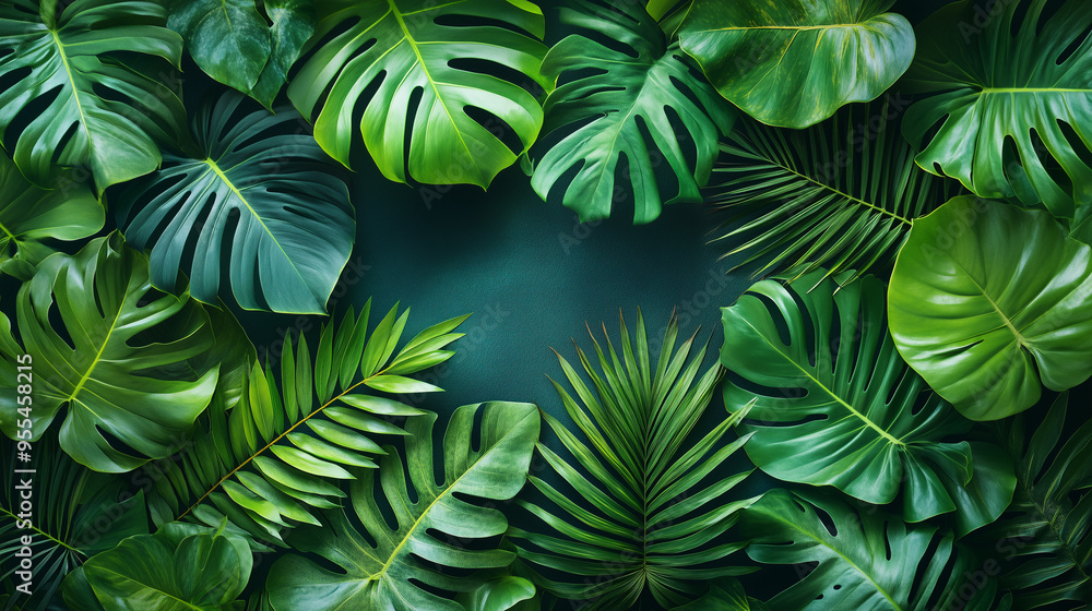 Green monstera leaves in a tropical jungle with sunlight, close-up, banner design background Green monstera leaves in a tropical jungle with sunlight, close-up, banner design background