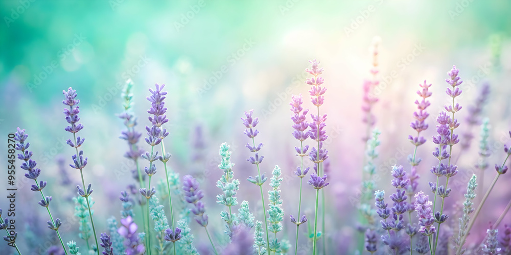 Obraz premium Lavender Dreamscape: A tranquil field of lavender blooms bathed in soft, pastel hues evokes a sense of serenity and tranquility. The gentle sunlight filtering through the delicate flowers creates a dr