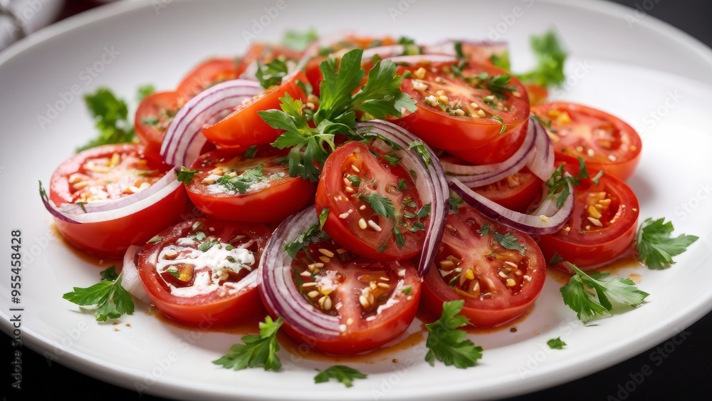 Tomato salad decorated with rings of red onion and abundantly poured with oil. Tomato salad decorated with rings of red onion and abundantly poured with oil.