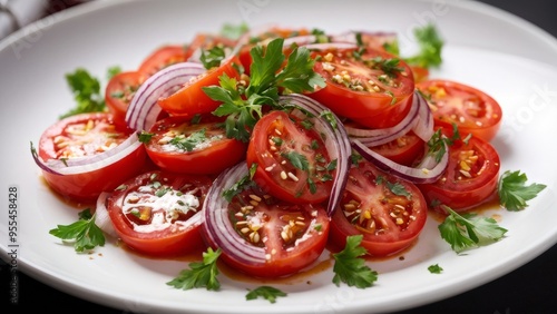 Tomato salad decorated with rings of red onion and abundantly poured with oil.