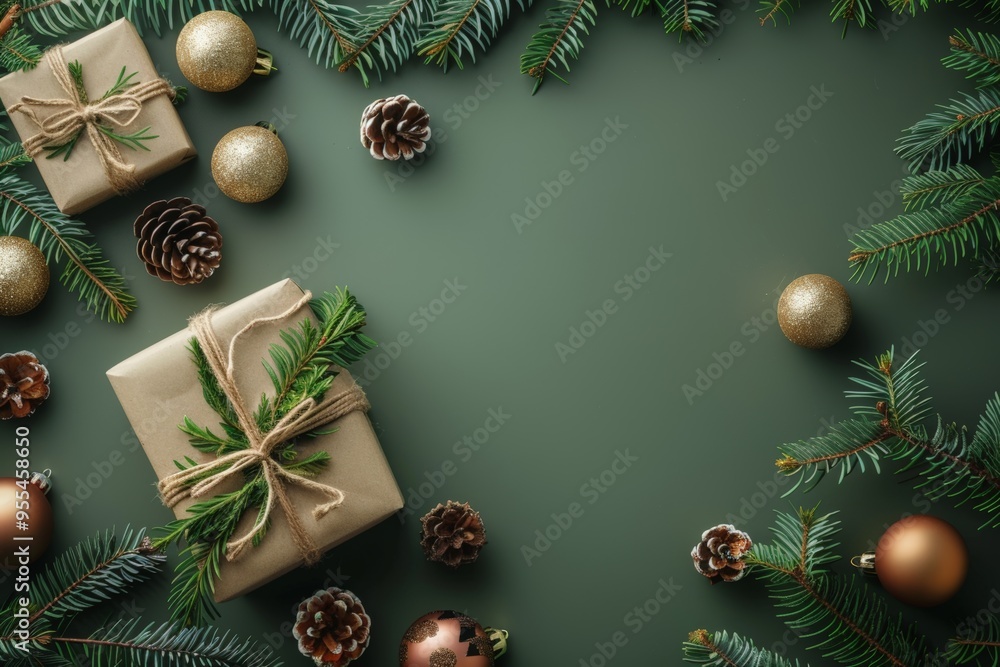 Festive Christmas gift arrangement with ornaments, pine cones, and red berries on a green background, creating a holiday mood. Festive Christmas gift arrangement with ornaments, pine cones, and red berries on a green background, creating a holiday mood.