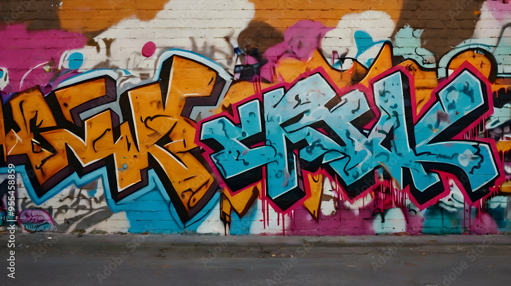 Urban Art Explosion: A vibrant and dynamic graffiti mural explodes across a brick wall, a symphony of color and texture in a captivating display of street art. Urban Art Explosion: A vibrant and dynamic graffiti mural explodes across a brick wall, a symphony of color and texture in a captivating display of street art.