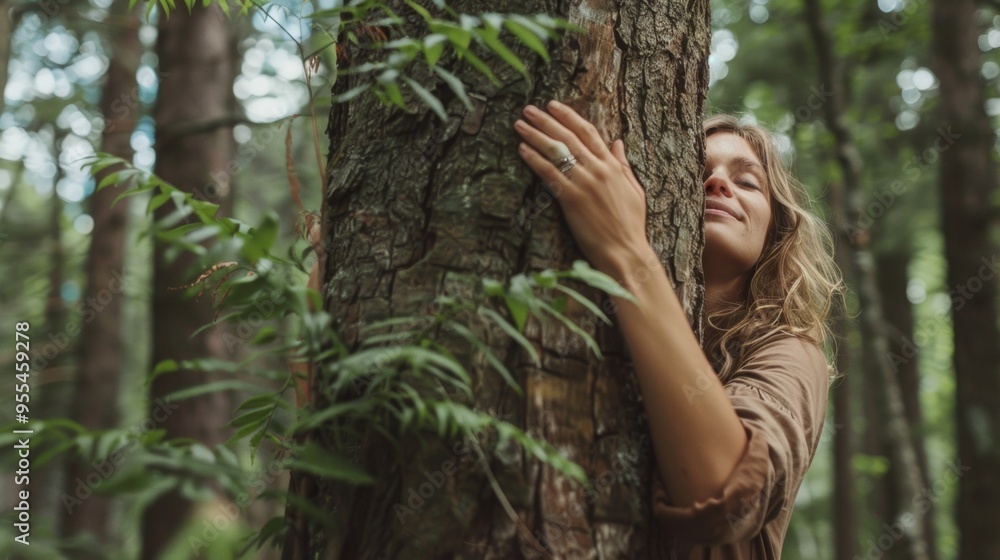 woman hugging a tree in the middle of the forest woman hugging a tree in the middle of the forest