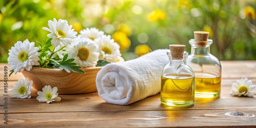 Chamomile Spa Essentials Two Bottles of Oil, Towel and Flowers on a Wooden Surface, spa , aromatherapy , relaxation , wellness Chamomile Spa Essentials Two Bottles of Oil, Towel and Flowers on a Wooden Surface, spa , aromatherapy , relaxation , wellness