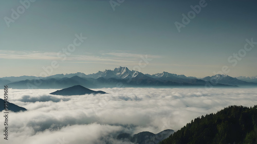 Majestic Mountain Range: A breathtaking panoramic view of a snow-capped mountain range, reaching towards a vibrant blue sky, with fluffy white clouds floating across the horizon. The majestic scenery 