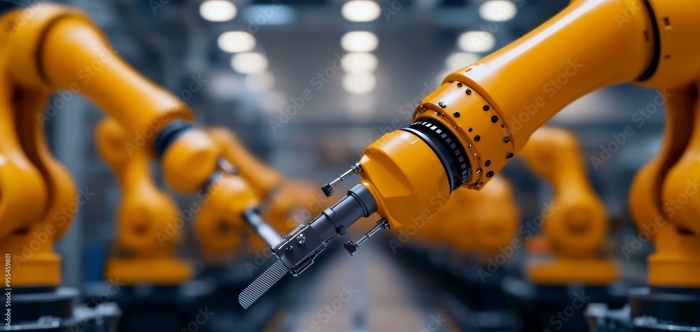 Close-up of orange robotic arms lined up on an assembly line, ready to assemble parts in a state-of-the-art factory environment Close-up of orange robotic arms lined up on an assembly line, ready to assemble parts in a state-of-the-art factory environment