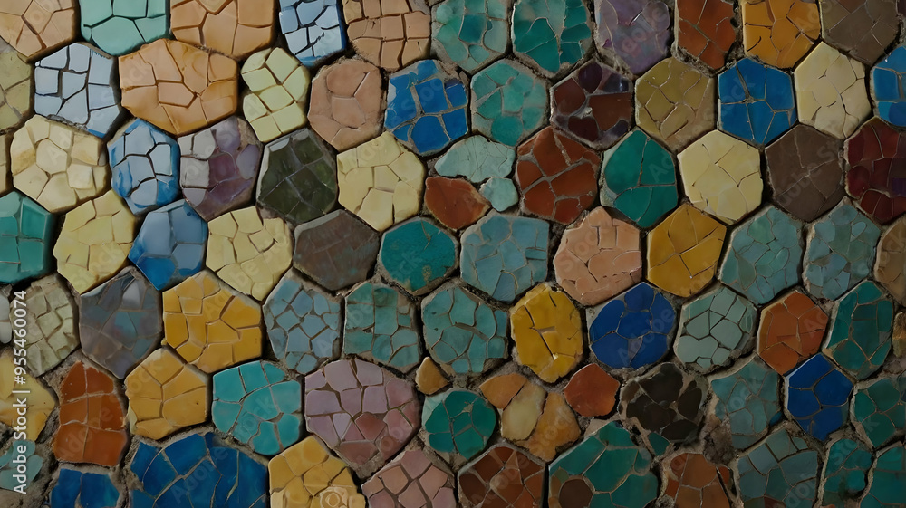 Mosaic of Colors: A mesmerizing close-up of a vibrant mosaic, showcasing a kaleidoscope of colors and textures. The intricate pattern of hexagonal tiles creates a captivating visual experience, inviti Mosaic of Colors: A mesmerizing close-up of a vibrant mosaic, showcasing a kaleidoscope of colors and textures. The intricate pattern of hexagonal tiles creates a captivating visual experience, inviti