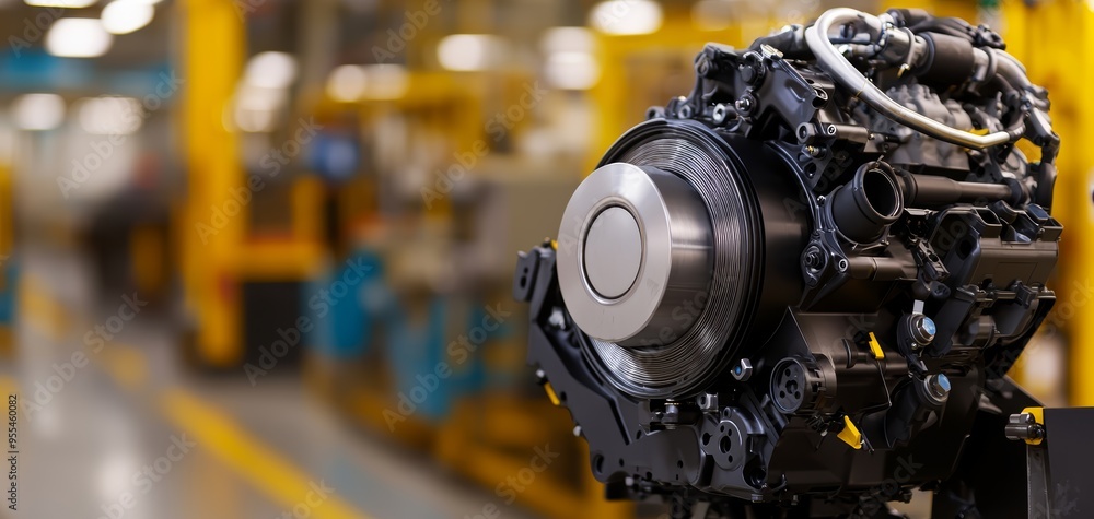 Detailed view of a car engine assembly line in a modern automotive factory, showcasing precision engineering and advanced machinery Detailed view of a car engine assembly line in a modern automotive factory, showcasing precision engineering and advanced machinery