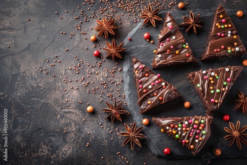 Triangular chocolate brownies topped with colorful sprinkles and surrounded by star anise on a dark textured background. photo