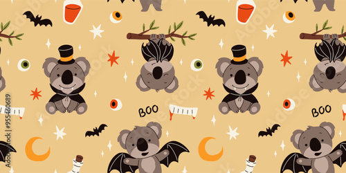 Vector cartoon seamless pattern of cute koala for kids. Koala in vampire costume, with bat wings for halloween, with crescent moon, stars, red potion bottle and teeth with blood.