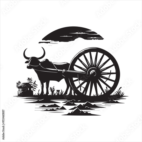 bullock cart wheel silhouette vector With White Background 