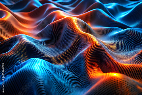 Digital Inferno: A mesmerizing 3D render of fiery orange and electric blue waves, intertwining in a captivating dance of energy and light. 