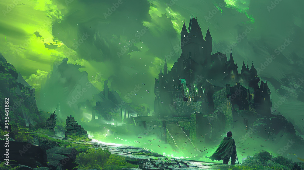 Obraz premium Mysterious Man Gazing at Abandoned Castle with Eerie Green Sky, Concept Digital Art Imagery, Fantasy, Enigma, Adventure, Night Scene, Atmospheric, Mood, Surreal, Haunted Landscape Illustration