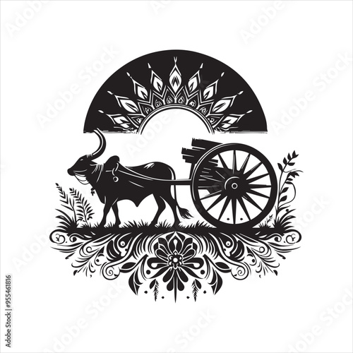 bullock cart wheel silhouette vector With White Background 