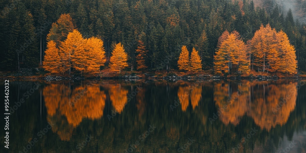 Obraz premium A calm lake reflecting fall colors 