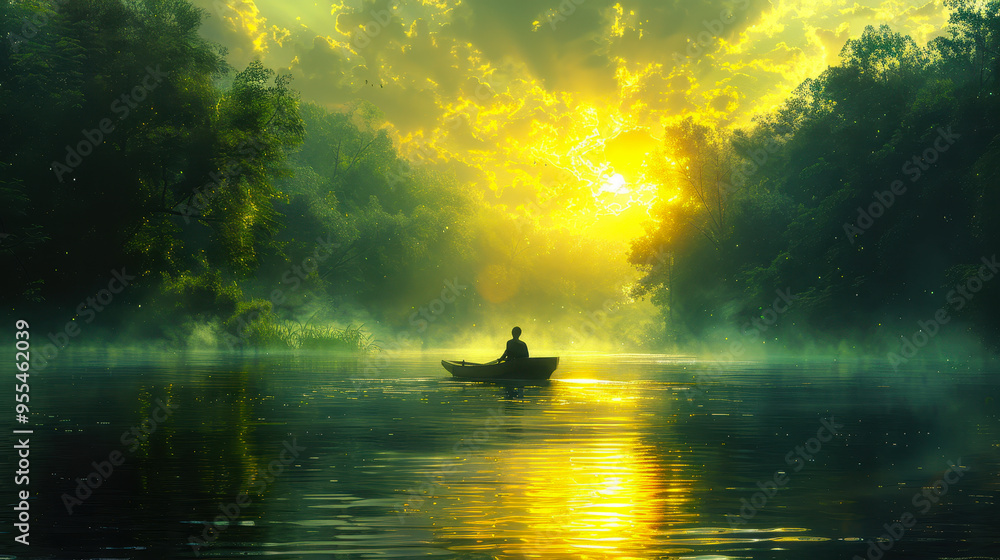 Young Boy Rowing Boat Through Serene Forest River at Sunrise, Digital Art Illustration, Peaceful Nature Adventure, Morning Mist, Scenic Beauty, Solo Journey Young Boy Rowing Boat Through Serene Forest River at Sunrise, Digital Art Illustration, Peaceful Nature Adventure, Morning Mist, Scenic Beauty, Solo Journey